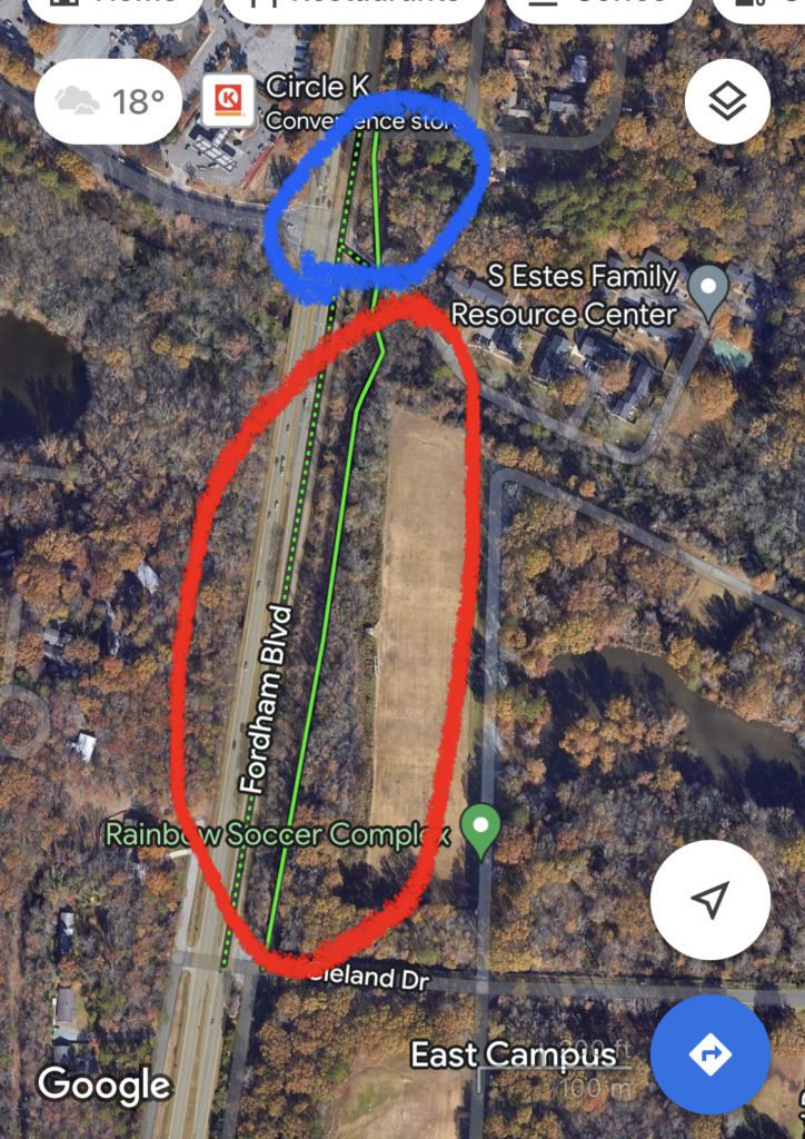 Map of trail connecting Cleland Road, Estes Drive Extension, and Ridgefield Drive in Chapel Hill