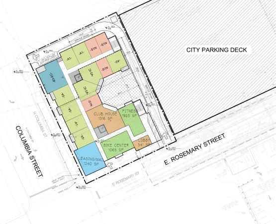 Plan of proposed apartment building at 101 E. Rosemary, Chapel Hill, NC