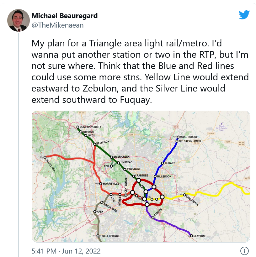 tweet: My plan for a Triangle area light rail/metro. I'd wanna put another station or two in the RTP, but I'm not sure where. Think that the Blue and Red lines could use some more stns. Yellow Line would extend eastward to Zebulon, and the Silver Line would extend southward to Fuquay.