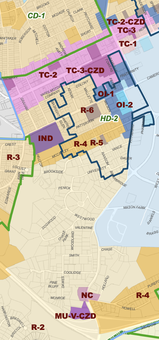 zoning map of downtown Chapel Hill (the pink and purple is the only area that allows apartment buildings)