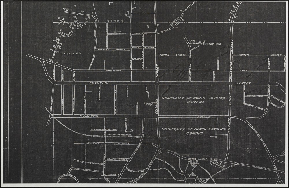An undated map of downtown Chapel Hill and the majority of UNC