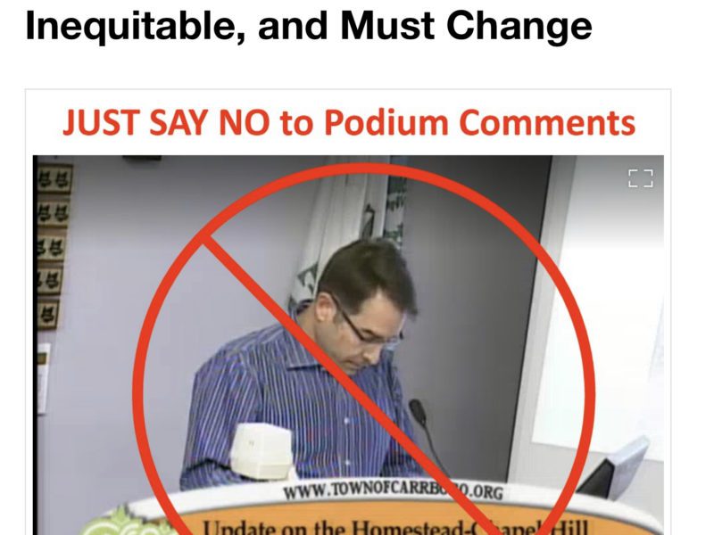 Screenshot of headline and cover image of blog post at https://citybeautiful21.com/2022/12/30/carrboros-public-comment-process-at-town-council-is-inequitable-and-must-change/. The headline states “Carrboro’s Public Comment Process at Town Council is Inequitable, and Must Change.” Beneath that is a screenshot of video of a person providing comment at a Carrboro Town Council meeting with text above in red which states “JUST SAY NO to Podium Comments.”
