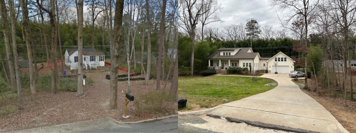 Two photos in a collage of a home on the same lot; on the left is a small house on a wooded lot, and one the right is a large house on a lot with a big front lawn and fewer trees.
