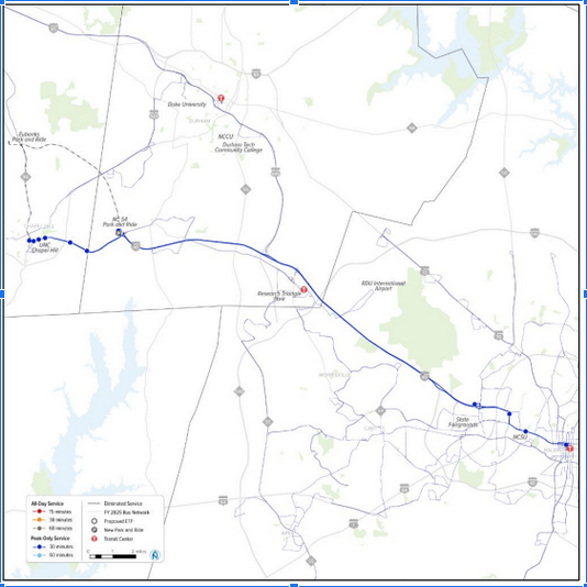 Proposed new CRX bus route from Chapel Hill to Raleigh