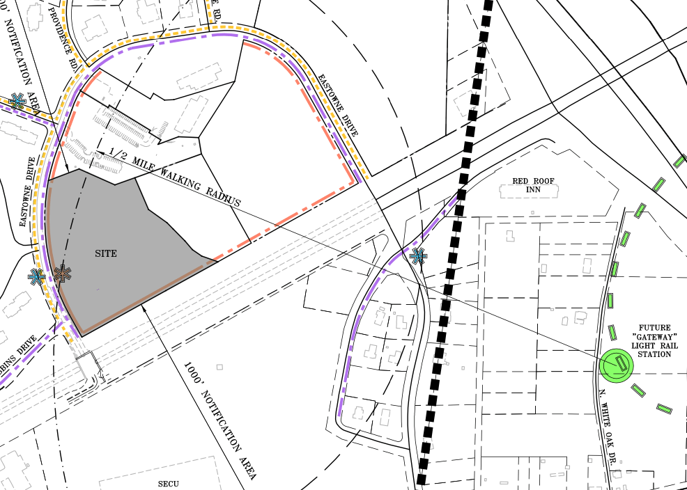 A map showing the distance from the proposed Gateway Light Rail Station to UNC's Eastowne Campus