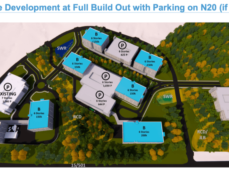 A map showing the buildings and parking garages planned for UNC Health's Eastowne Campus.