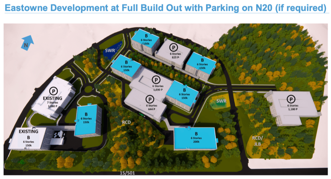 A map showing the buildings and parking garages planned for UNC Health's Eastowne Campus.
