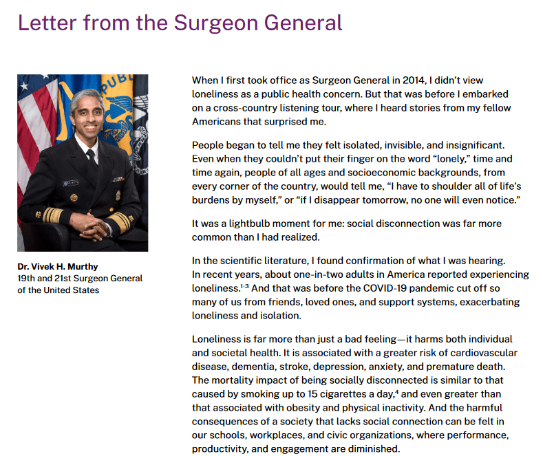 A new Surgeon General Advisory Raises Alarm about the Devastating Impact of the Epidemic of Loneliness and Isolation in the United States