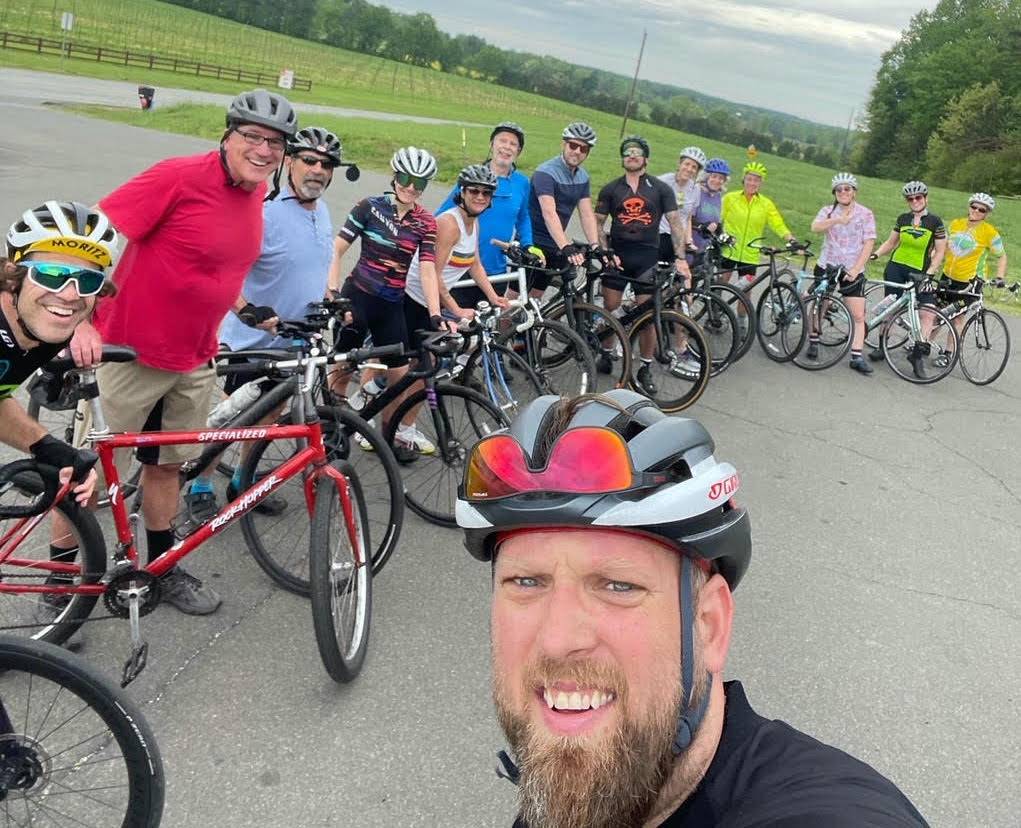 A collection of road bikers about to undertake a Tarwheels ride in Chapel Hill