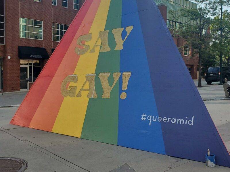 pyramid in gay pride colors in downtown chapel hill