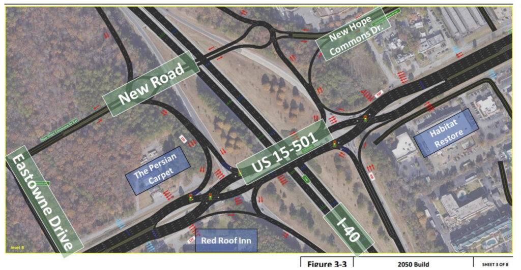 Schematic of NCDOT proposed changes to US 15-501 at I-40, distributed by Town of Chapel Hill on June 2, 2023