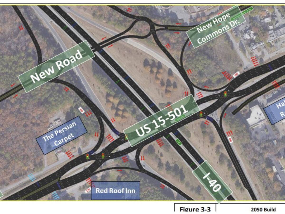 Schematic of NCDOT proposed changes to US 15-501 at I-40, distributed by Town of Chapel Hill on June 2, 2023