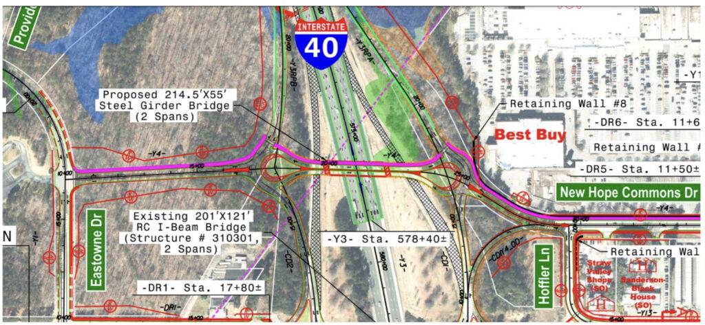 Construction schematic of NCDOT proposed changes to US 15-501 at I-40, distributed by Town of Chapel Hill on June 2, 2023