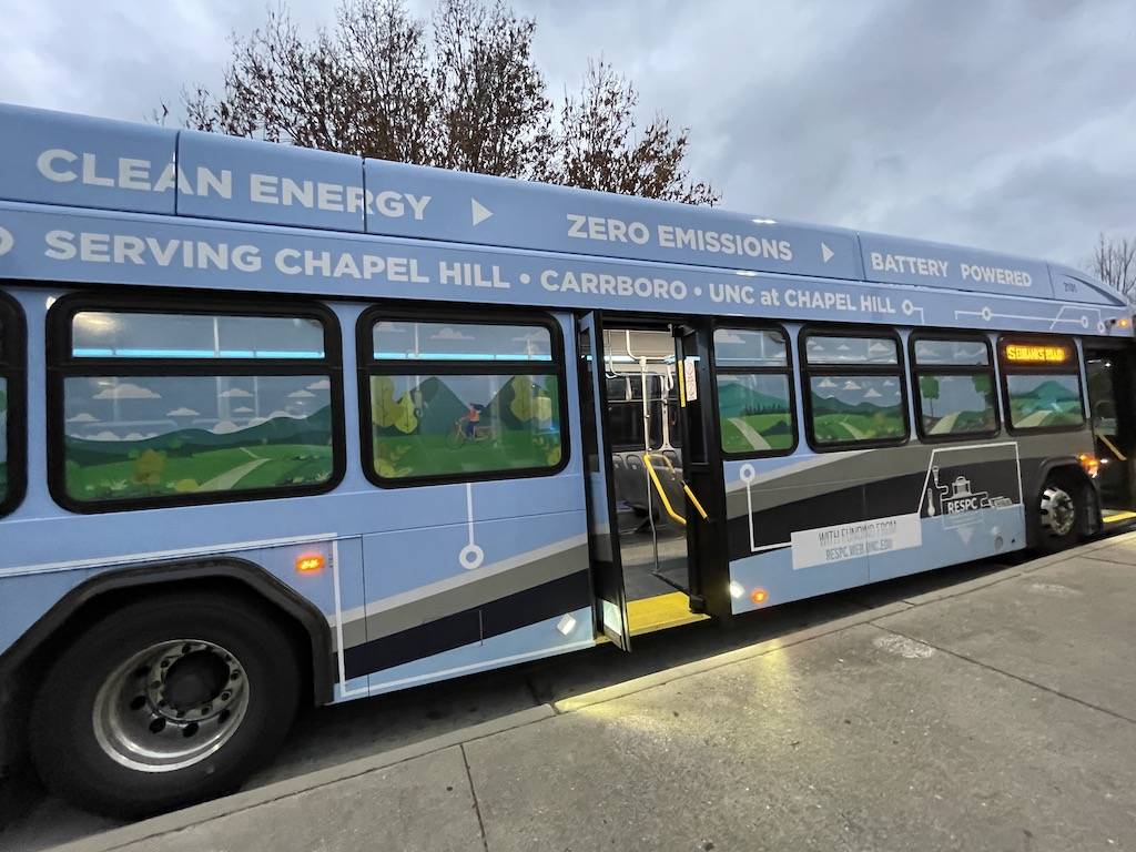 Chapel Hill Transit bus waiting for passengers at the Southern Village lot