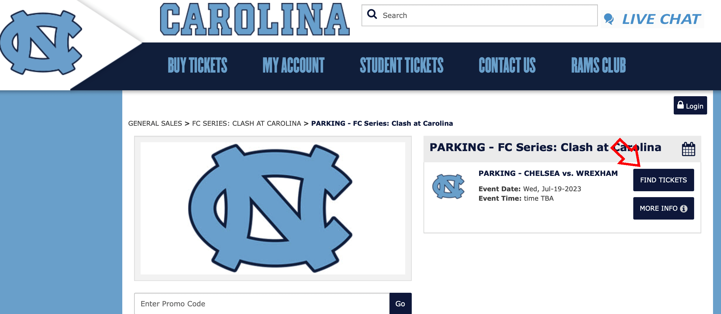 Carolina Athletics page with link to purchase parking and shuttle passes 