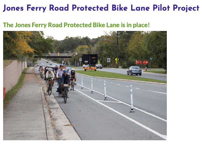 A picture of the pilot protected bike lanes in Carrboro.