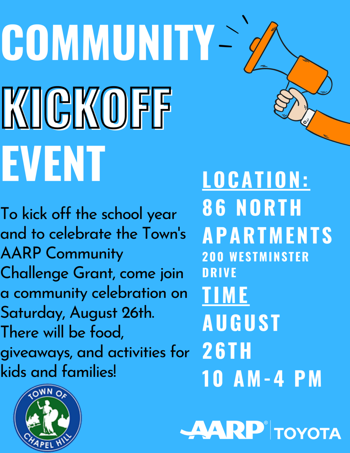 A poster for the Town of Chapel Hills Community Kickoff Even on 8/26 at 86 North Apartments