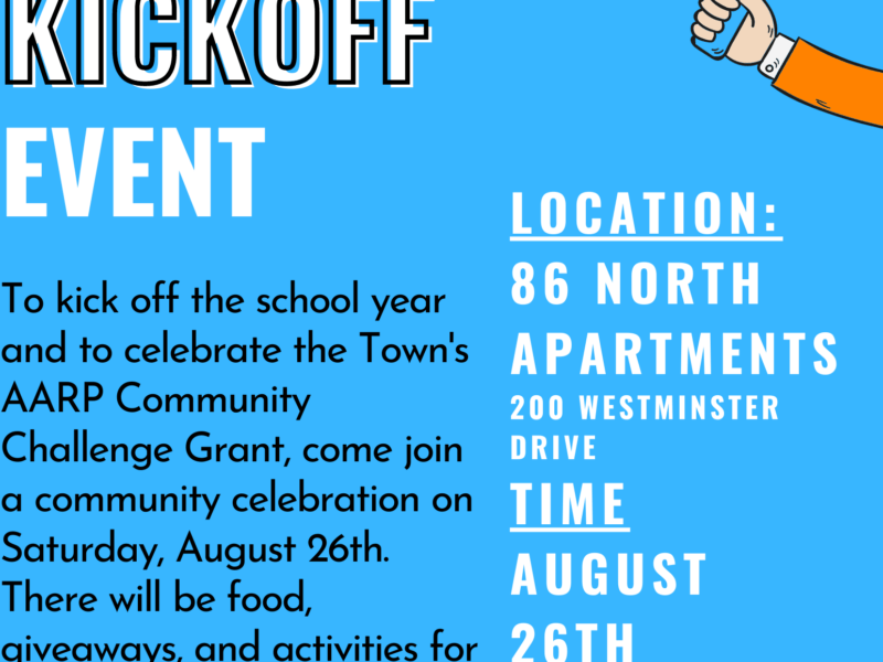A poster for the Town of Chapel Hills Community Kickoff Even on 8/26 at 86 North Apartments