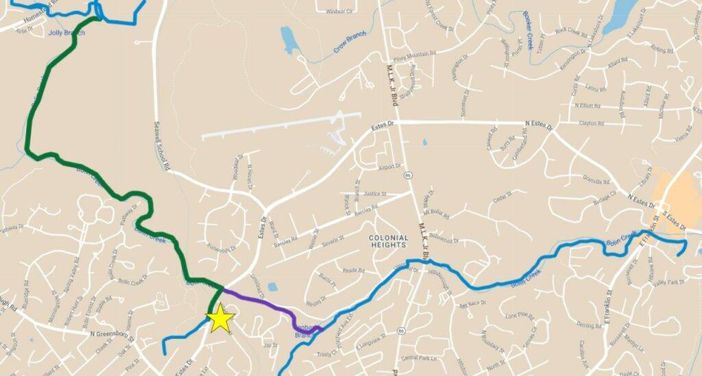 Estes Park Apartments are located at the border between the towns of Chapel Hill and Carrboro and would have far reaching access if the greenways were connected at Estes Road.