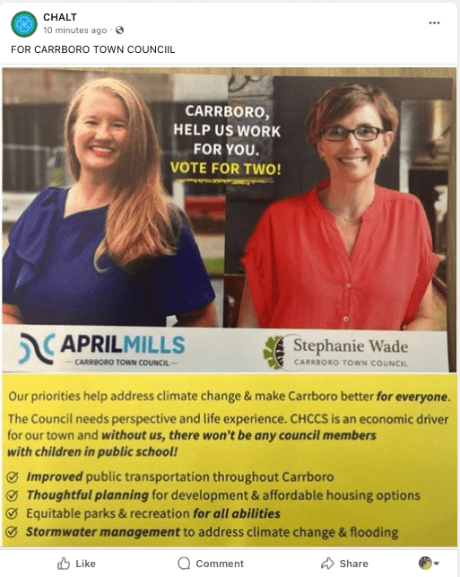 Our priorities help address climate change & make Carrboro better for everyone.
The Council needs perspective and life experience. CHCCS is an economic driver for our town and without us, there won't be any council members with children in public school!
• Improved public transportation throughout Carrboro
• Thoughtful planning for development & affordable housing options
• Equitable parks & recreation for all abilities
• Stormwater management to address climate change & flooding