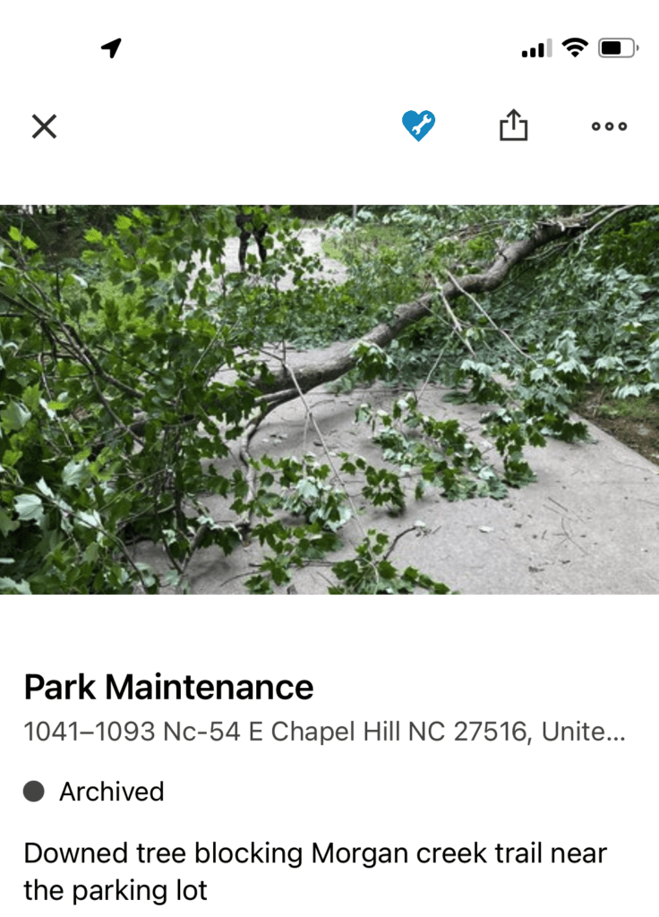 A downed tree lies on the greenway