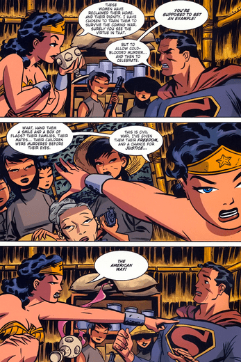 Wonder Woman in The New Frontier confronting the hypocrisy of Superman.