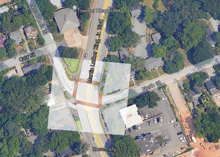 An arial view of Martin King Blvd, indicating the location of new crosswalk treatments being built by the town