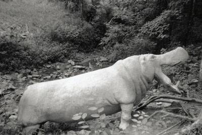 Black and white photo of a concrete hippopotamus in a creek