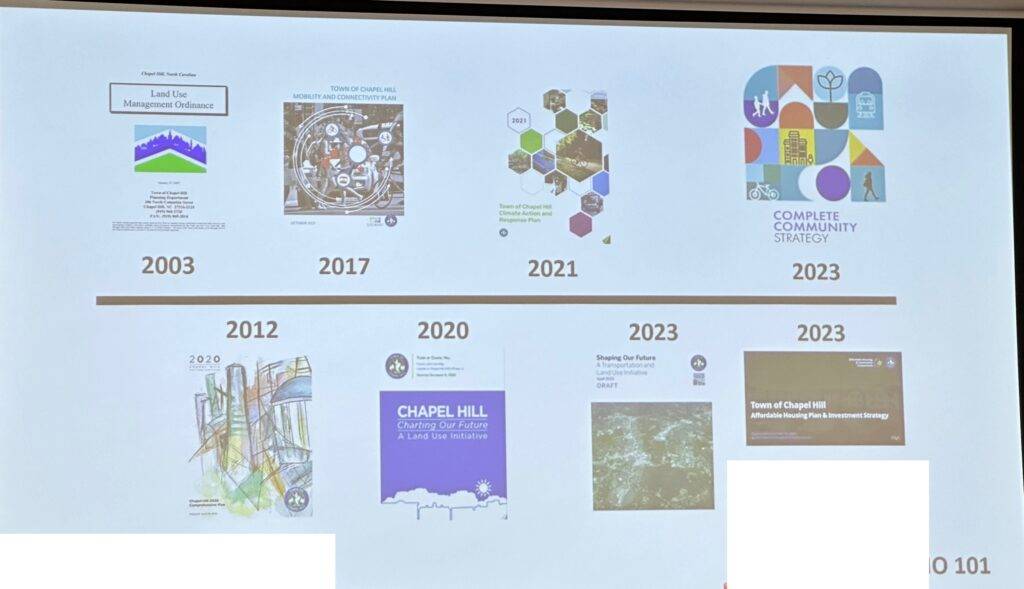 Slide shown at Chapel Hill Town Council meeting showing covers from previous adopted plans that inform the LUMO rewrite, beginning with Chapel Hill 2020 in 2013 through to the Complete Community Strategy and Affordable Housing Plan and Investment Strategy in 2023