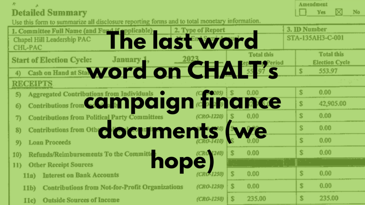 The last word word on CHALT’s campaign finances (we hope)