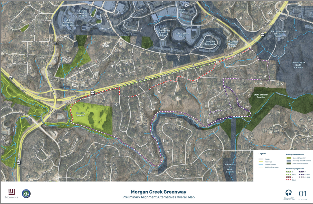 A map of Merritt's pasture with options for greenways linking and passing through it.