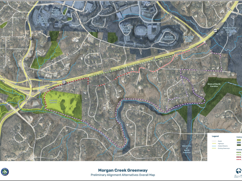 A map of Merritt's pasture with options for greenways linking and passing through it.