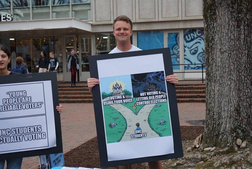 student trying to get people to vote with meme