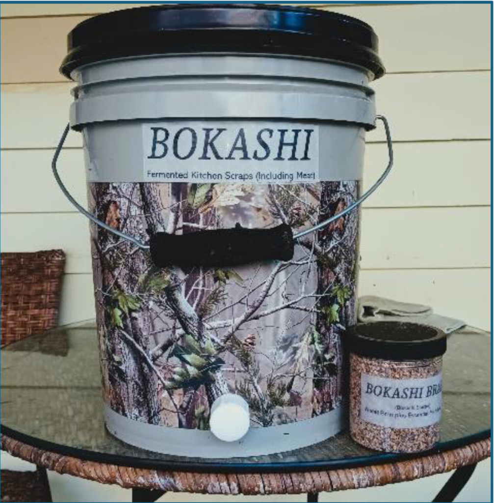 A large plastic container of Bokashi