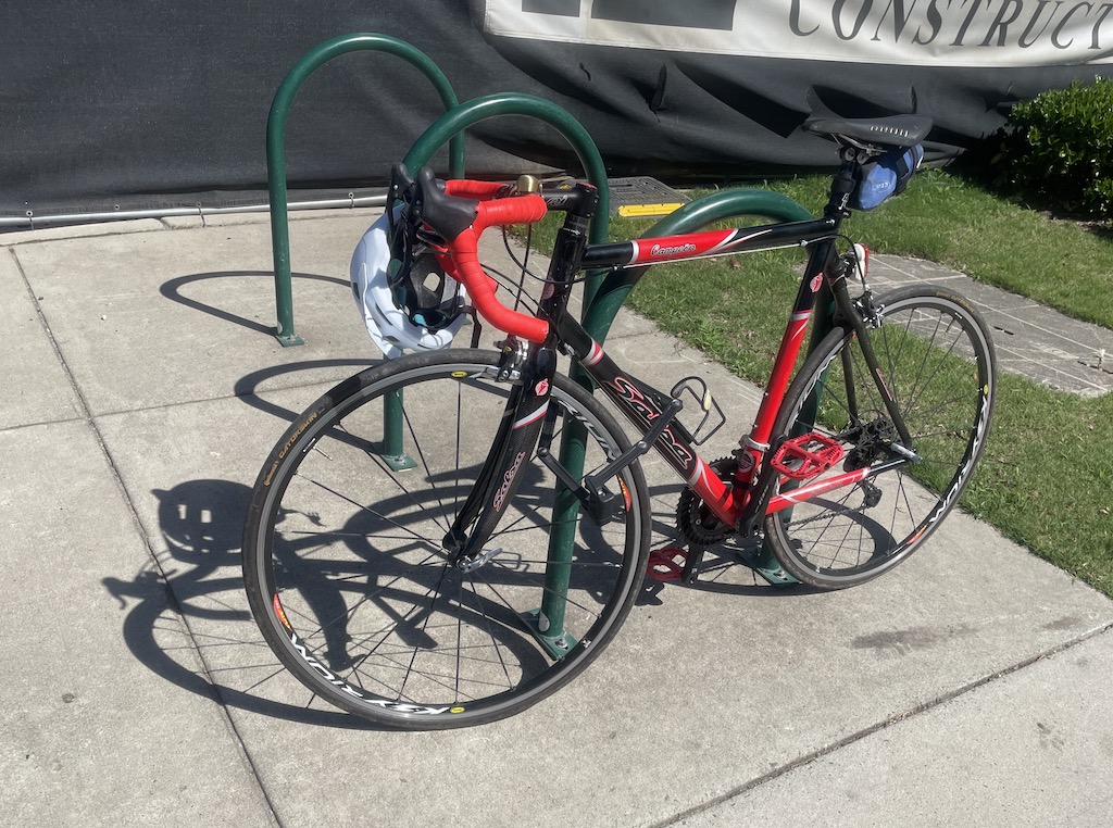 A bike parked at a bike rack