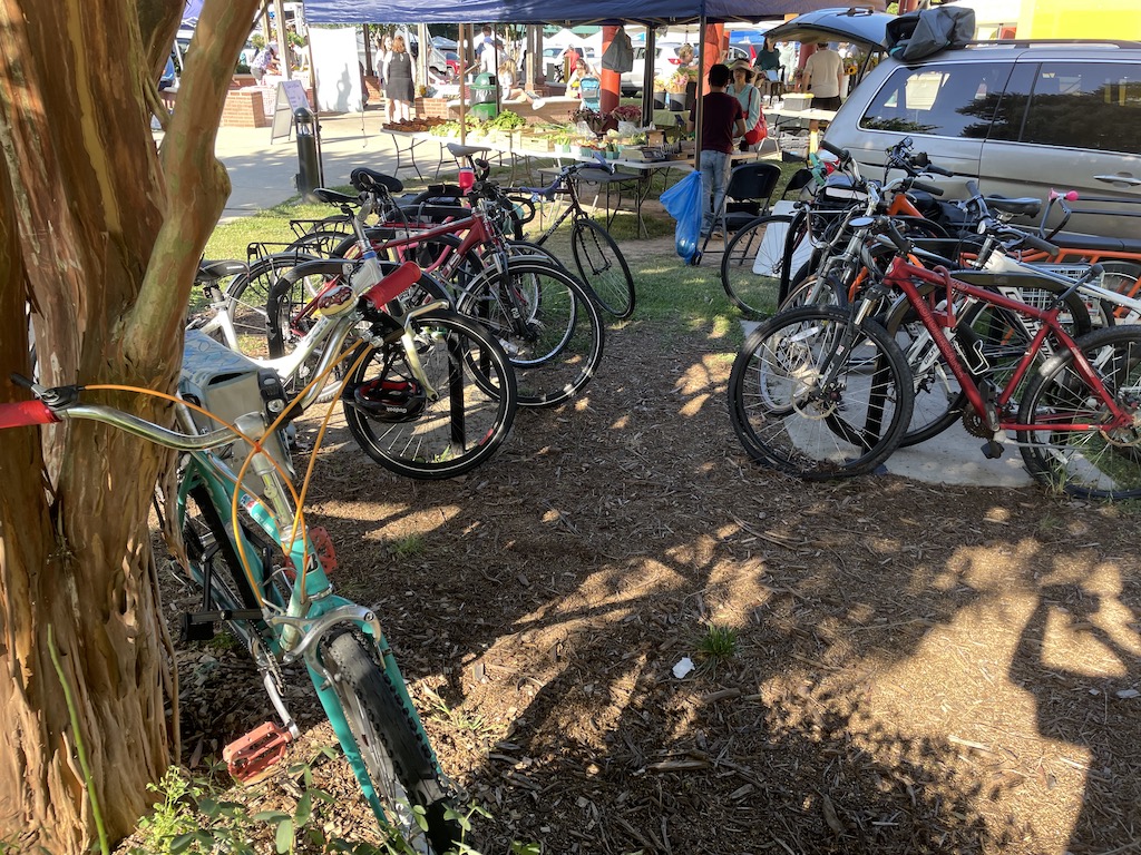 Bikes parked at the rack at the Carrboro Farmers Market
