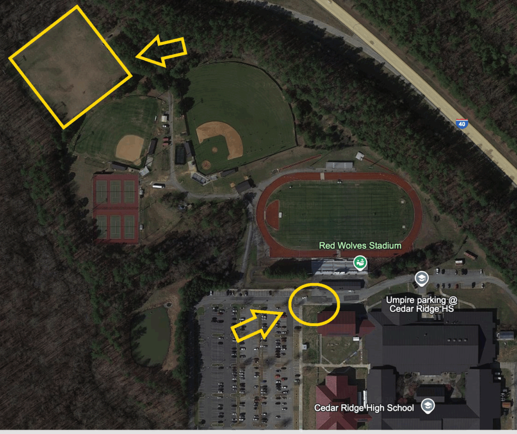 A map of Ceda Ridge High School pointing to the practice field relative to the location of the school building