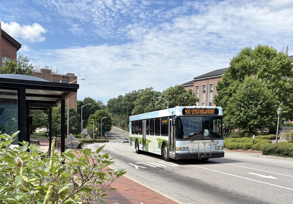 The GoTriangle 400 bus passes a stop at the Health Science Library on UNC Campus in Chapel Hill