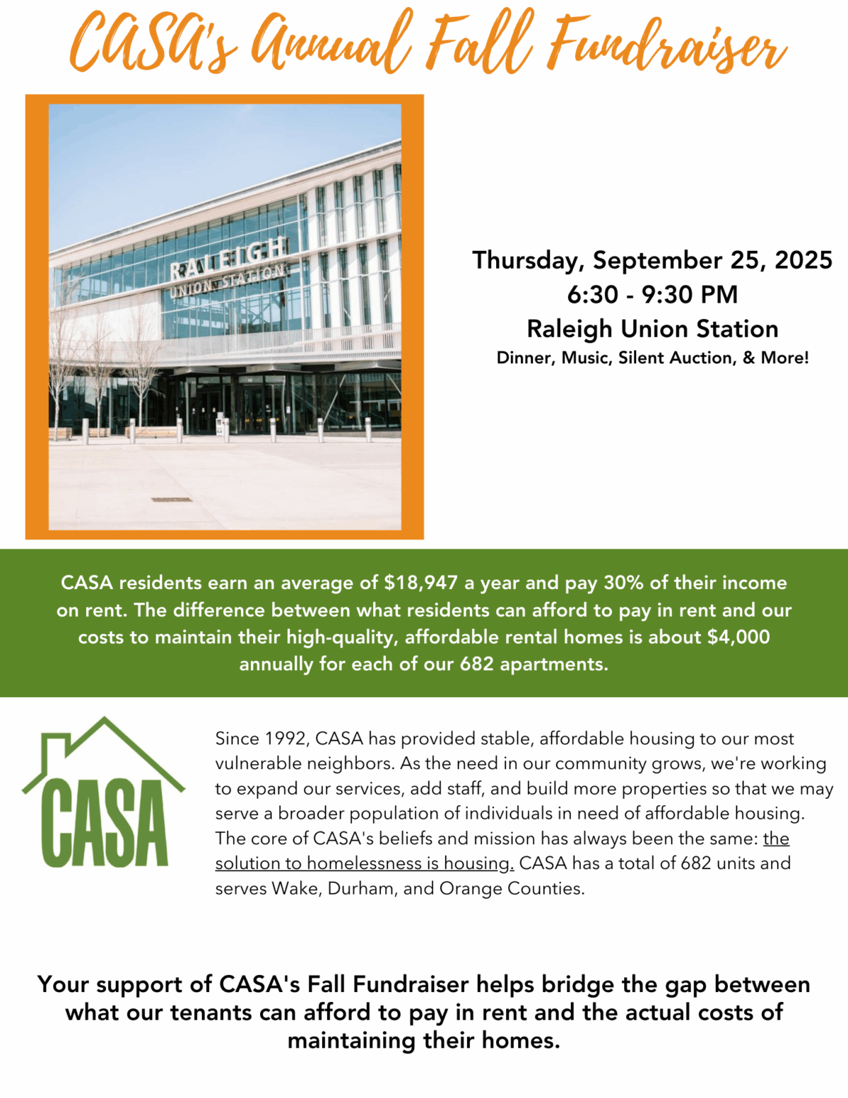 CASA Annual Fall Fundraiser - Thursday - September - 25 - 6:30PM - Location Raleigh Union Station
