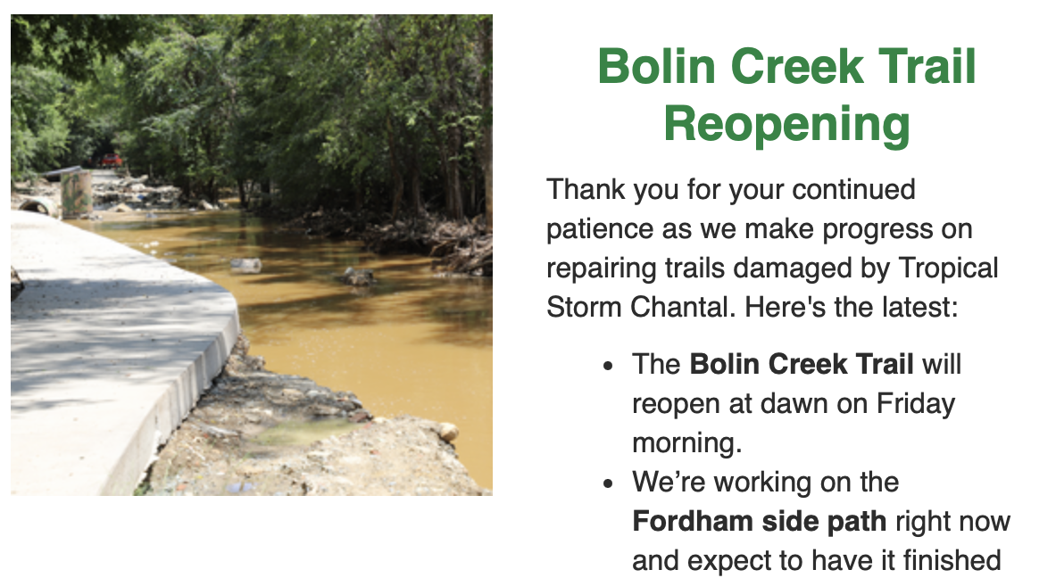 Bolin Creek Trail has reopened!