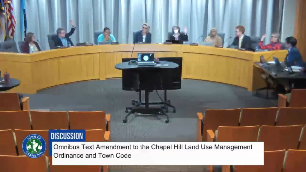 Screen capture of the Chapel Hill Town Council on November 19, 2025, showing seven council members and the mayor sitting behind the Dias. Three council members have their hands up. Text on the screen at the bottom states: "Discussion: Omnibus Text Amendment to the Chapel Hill Land Use Management Ordinance and Town Code"