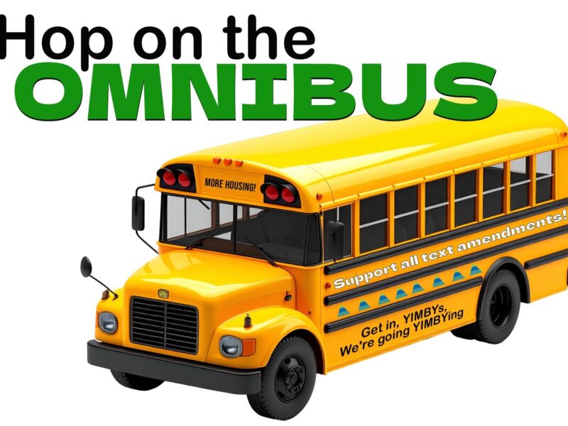 A school bus appears with the text "Hop on the Omnibus"