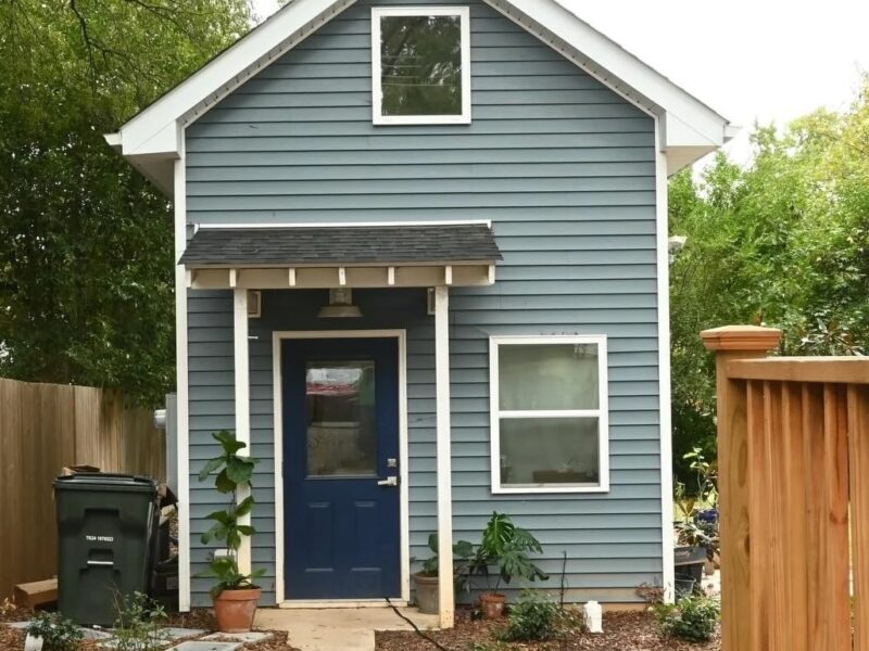 Coram Houses "The Gerard" design. 192 square-foot tiny studio with one loft bedroom and one bathroom.