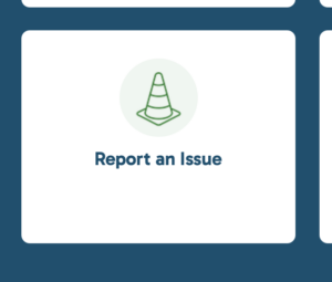 Screenshot of "Report an Issue" icon from Chapel Hill home page, with a photo of a cone above it