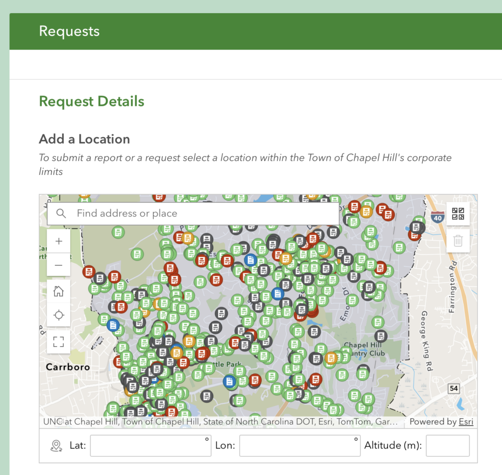 Web page that says Request Details
Add a Location
To submit a report or a request select a location within the Town of Chapel Hill's corporate limits and has a map underneath